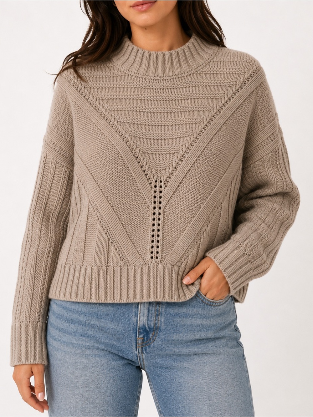 Moon River Tan Chunky Knit Sweater Small Textured Mock Neck Neutral
